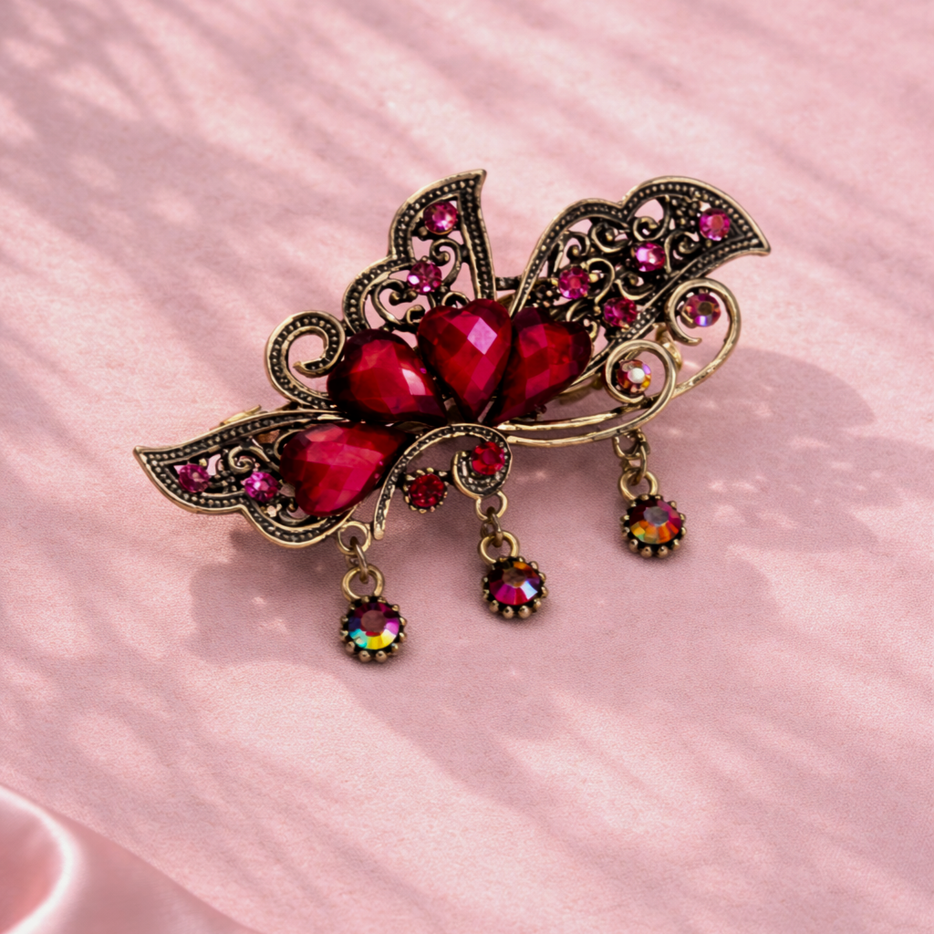 Vintage spona do vlasů s kamínky a francouzským zapínáním – červená3